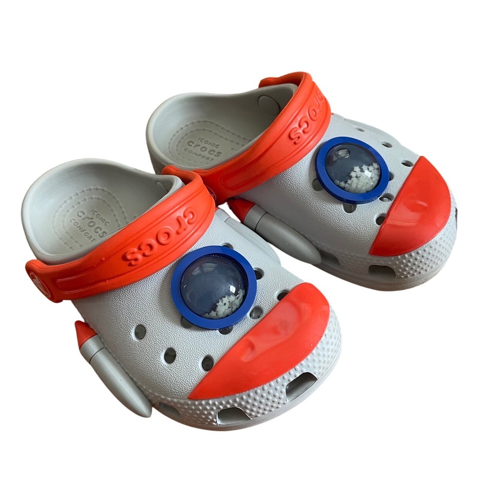 Crocs Fun Lab Rocket Ship Clogs Kids Size C9 Grey Orange Space Shoes